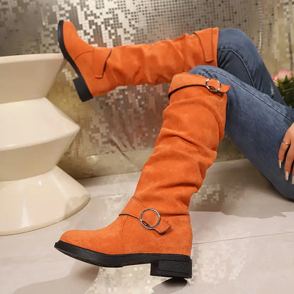 🎄Early Christmas Sale 55% Off❤️ Women's Buckle Belt Pull On Chunky Heel High Knee Boots, Winter Round Toe Slouchy Boots